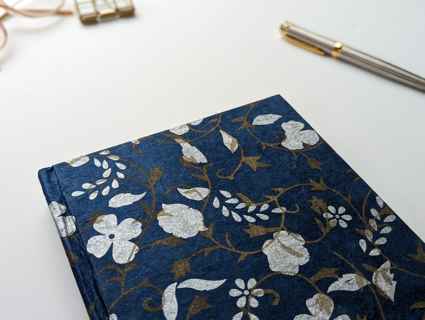 Handmade Paper Journal | White & Gold Flowers on Blue