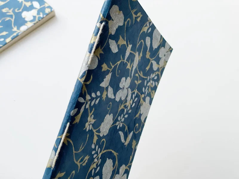 Handmade paper notebook | White & Gold Flowers on Blue