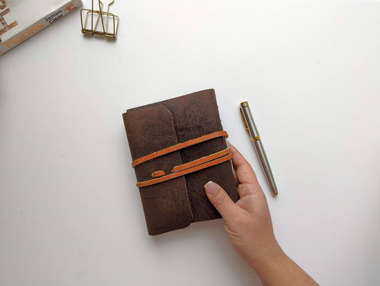 Compact Leather Wrap Trifold Journal (A6)