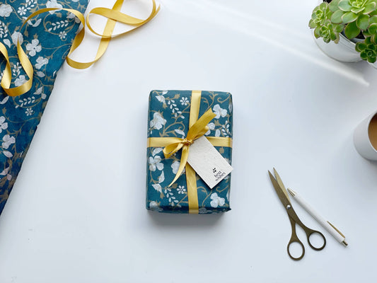 Gift wrapping paper (2 sheets) | White & Gold Flowers on Blue