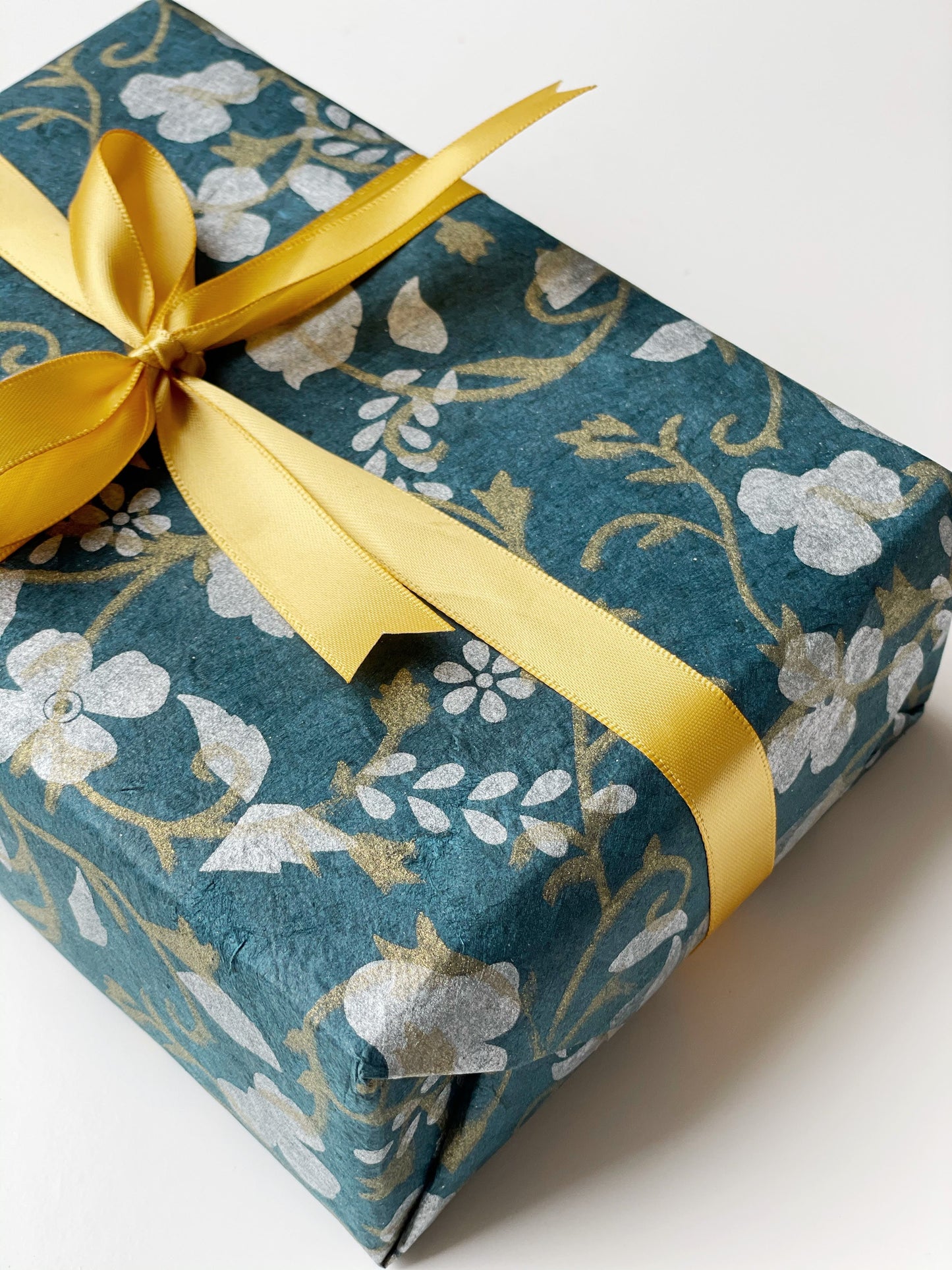 Gift wrapping paper (2 sheets) | White & Gold Flowers on Blue