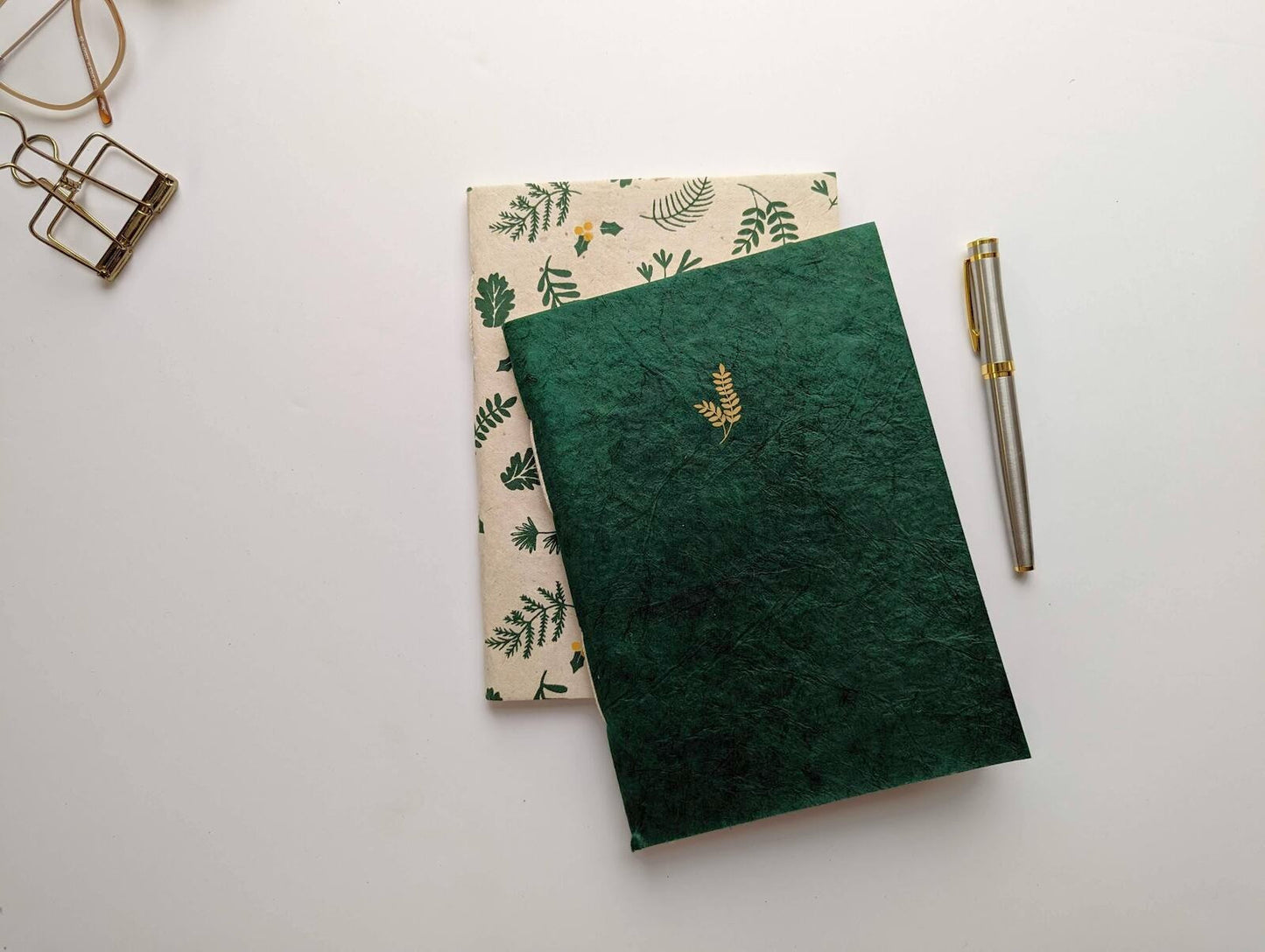 Keepsake box with Hardcover Journal & Softcover Notebook set (3 books) | Emerald Green on Beige