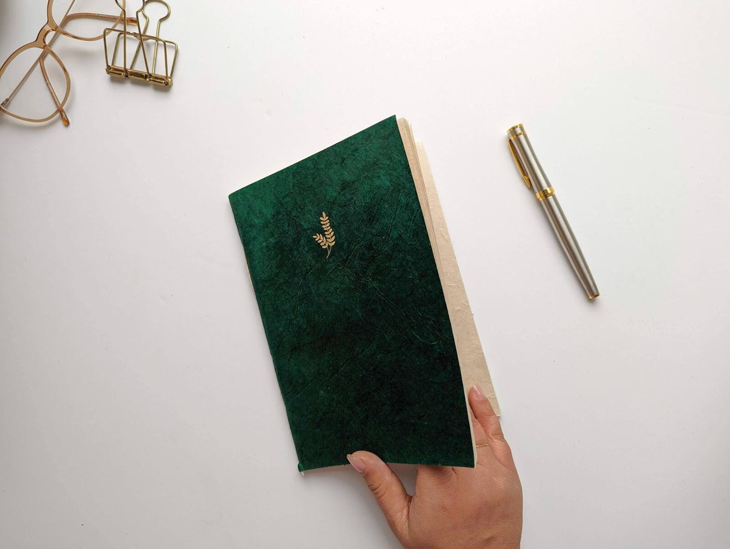 Keepsake box with Hardcover Journal & Softcover Notebook set (3 books) | Emerald Green on Beige