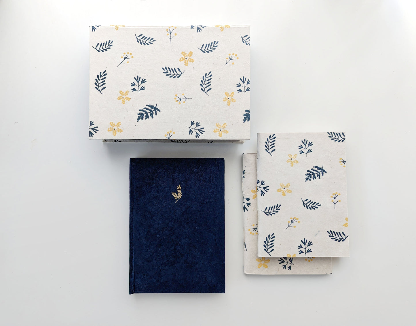 Keepsake box with Hardcover Journal & Softcover Notebook set (3 books) | Indigo Blue on Beige